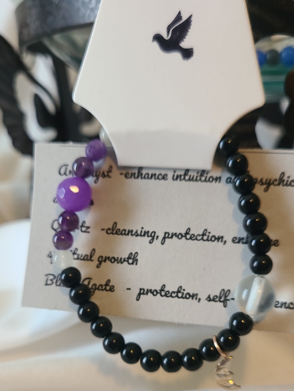 Grey Dove Creations Handmade Amethyst, Black Agate Beaded Bracelet, Moon Charm
